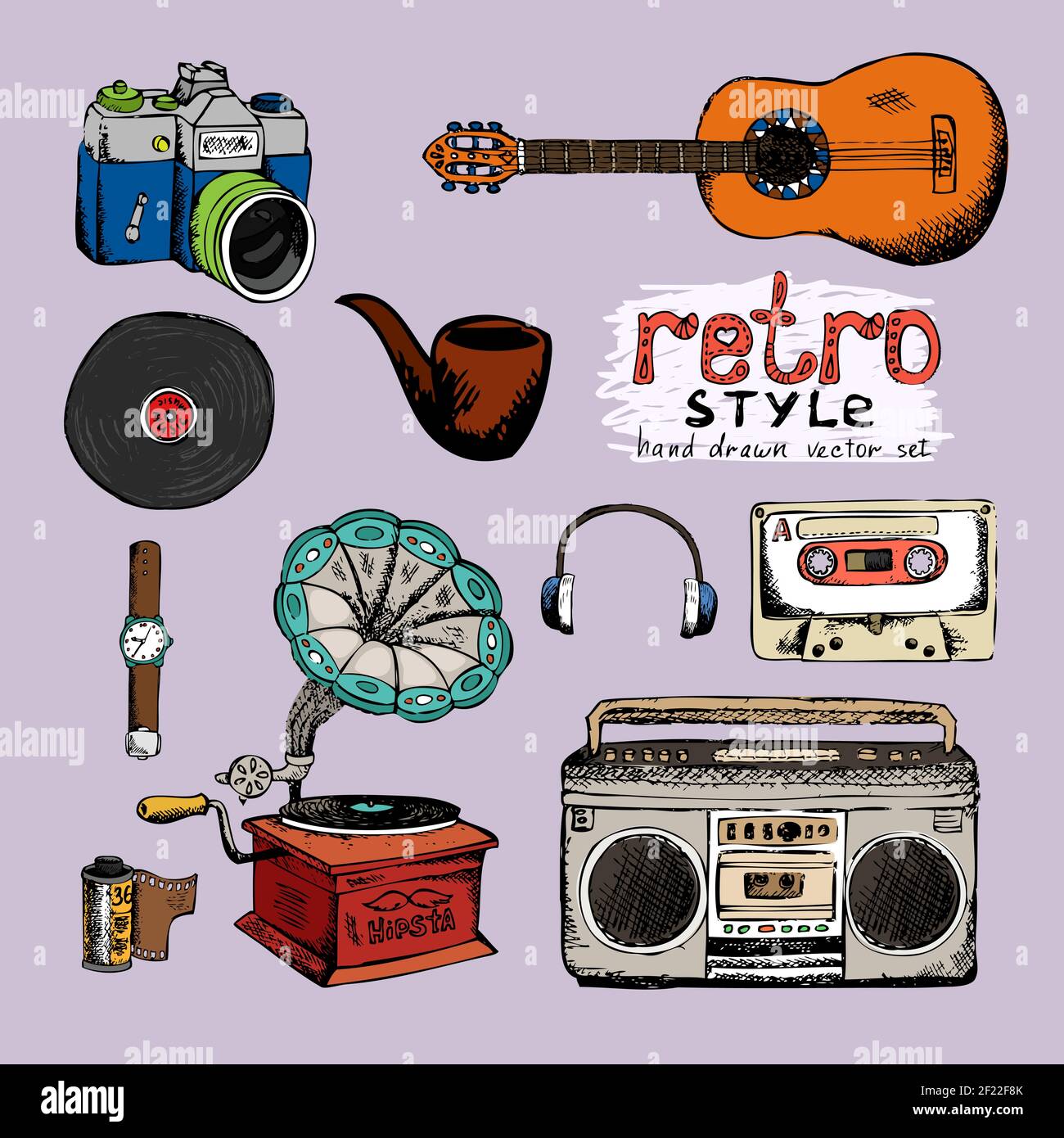 musica in stile hipster e foto vettoriali oggetti disegnati a mano Illustrazione Vettoriale