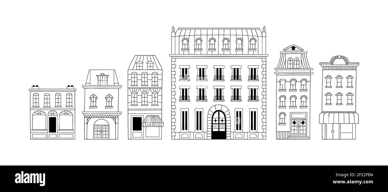 Città disegnata a mano costruzione doodle cartoon set su sfondo isolato. Case bianche e nere, negozio di appartamenti. Architettura europea di stile francese per col Illustrazione Vettoriale