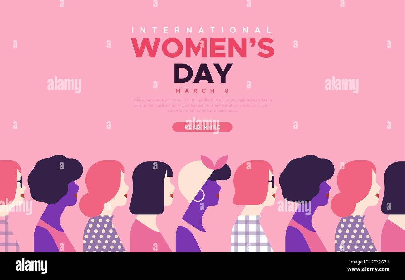 Illustrazione del modello Web della Giornata internazionale della donna. Le moderne donne di cartoni animati si affollano insieme per la celebrazione della parità femminile l'8 marzo. Illustrazione Vettoriale