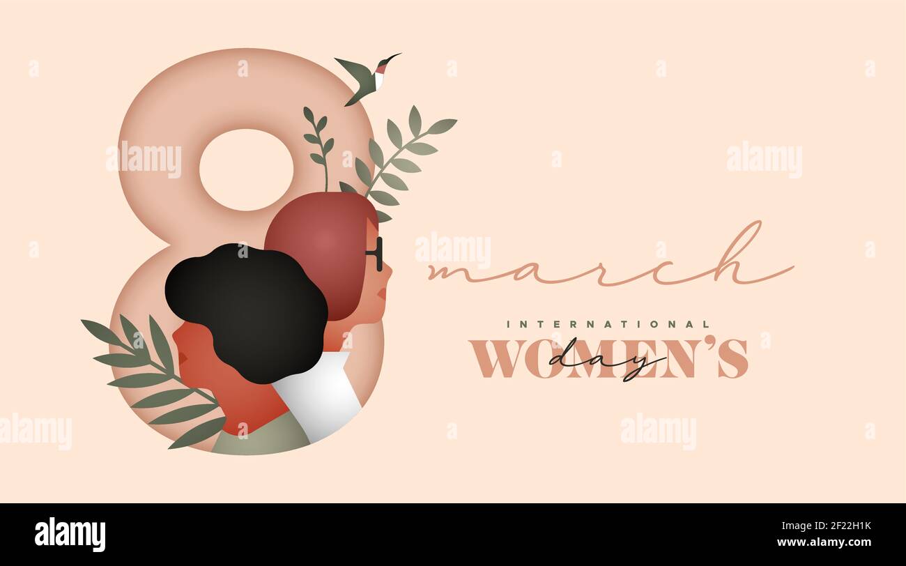 Illustrazione del biglietto d'auguri per la Giornata delle Donne felici. Diverse facce donna con bella natura tropicale foglia di pianta e uccello. Design minimalista per interni Illustrazione Vettoriale