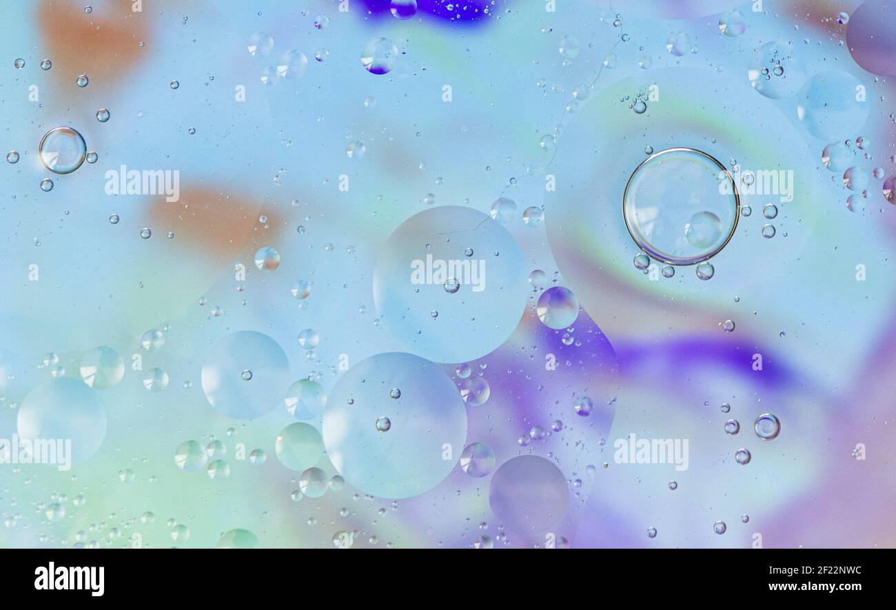 Bolle su sfondo colorato, bolle d'olio su sfondo viola, arancione, blu, sapone e olio, bolle d'olio in acqua con sfondo colorato Foto Stock