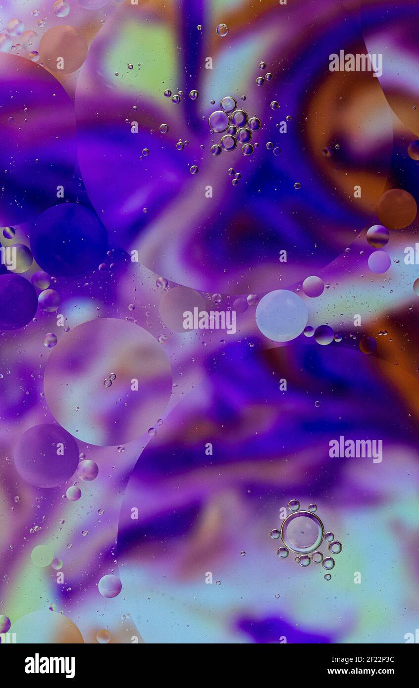 Bolle su sfondo colorato, bolle d'olio su viola, arancione, sfondo, sapone e olio, bolle d'olio in acqua con sfondo colorato Foto Stock