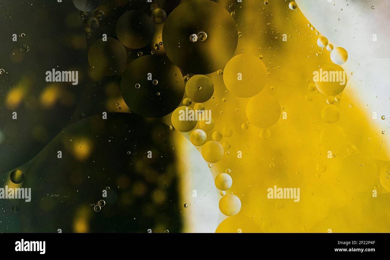 Bolle su sfondo colorato, bolle d'olio su argento, giallo, fondo nero, sapone e olio, bolle d'olio in acqua con sfondo colorato Foto Stock