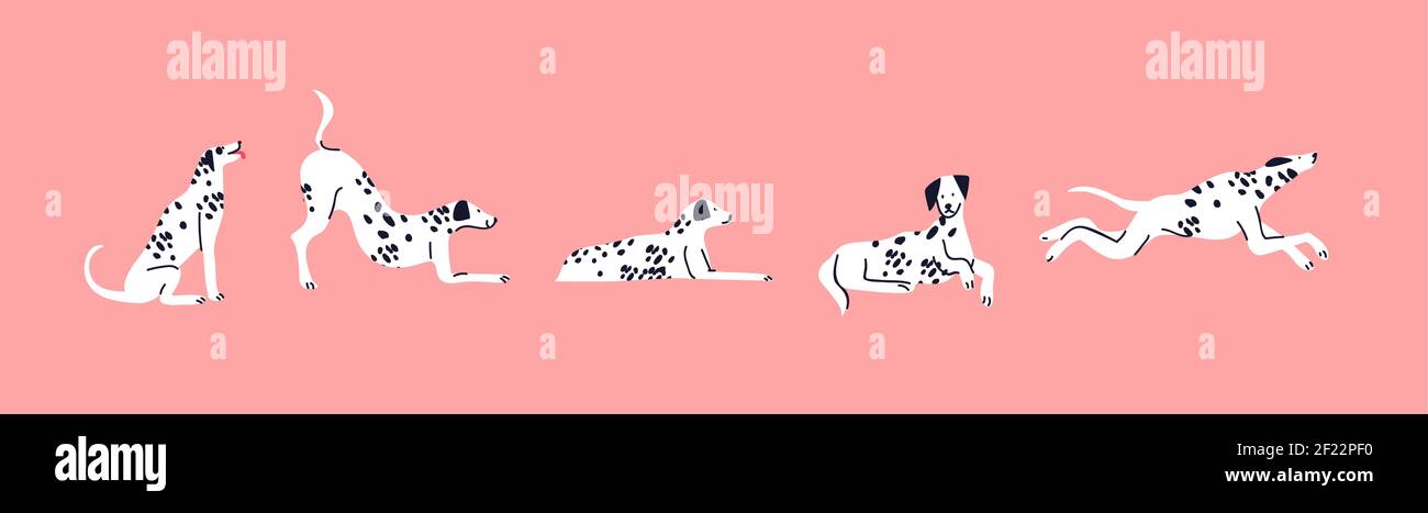 Carino cane dalmata animale set su sfondo isolato. Divertente mano disegnata cartoni animati animali domestici collezione di personaggi, felice cucciolo in diverse pose. Illustrazione Vettoriale