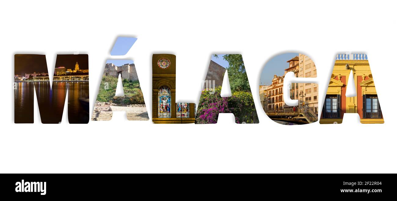 Parola Málaga in cui una foto che rappresenta un punto di riferimento di la città viene applicata a ciascuna lettera Foto Stock Parola Málaga in cui una foto che rappresenta un punto di riferimento di la città viene applicata a ciascuna lettera Foto Stock