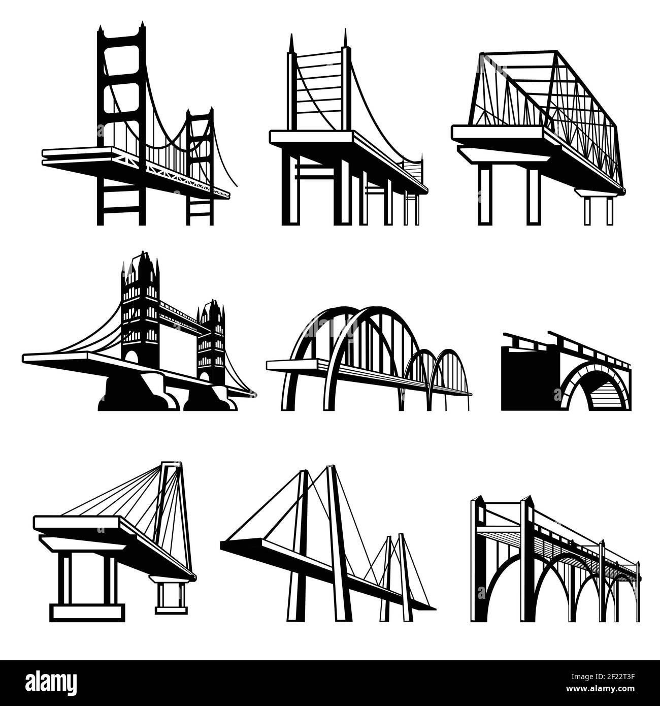 Set di icone vettoriali prospettiche per ponti. Architettura costruzione, costruzione urbana struttura stradale ingegneria oggetto illustrazione Illustrazione Vettoriale