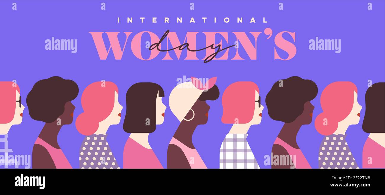 Illustrazione del biglietto d'auguri per la Giornata internazionale della donna. Le moderne donne di cartoni animati si affollano insieme per la celebrazione della parità femminile l'8 marzo. Illustrazione Vettoriale