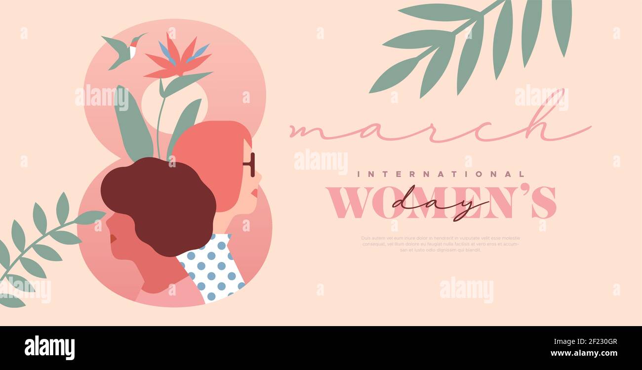 Happy Women's Day biglietto d'auguri illustrazione, belle donne facce con foglia di piante tropicali e fiore rosa per l'evento 8 marzo. Cartone animato piatto di tendenza fe Illustrazione Vettoriale