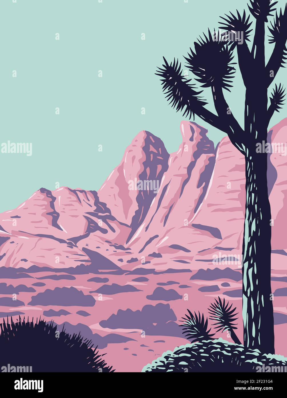 Poster WPA dell'albero di Joshua nel telecomando E aspro paesaggio desertico del Gold Butte National Monument situato Nella contea di Clark, nel sud-est del nord-est Illustrazione Vettoriale