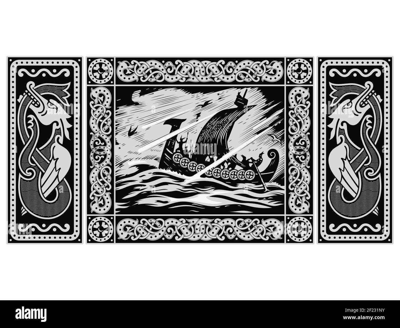 Vecchio design scandinavo. Norse Warrior Berserker, Viking Ship Drakkar e il drago alato Illustrazione Vettoriale