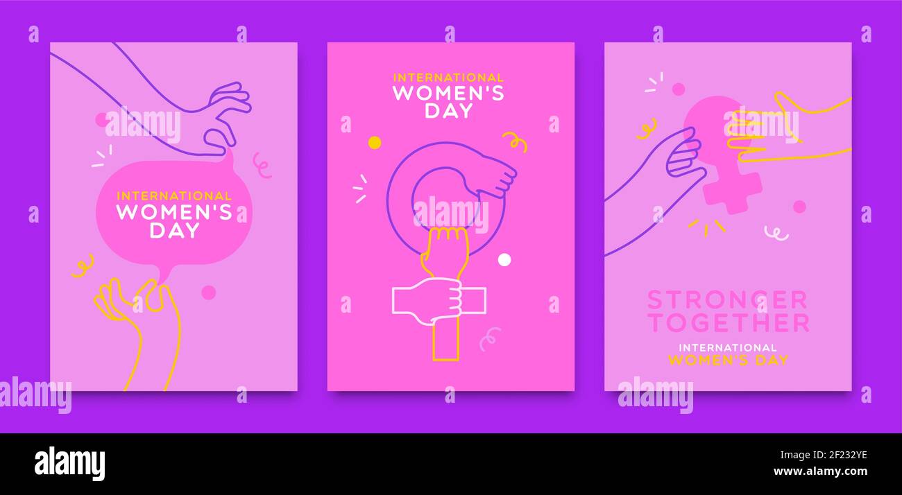 International Women's Day biglietto d'auguri illustrazione insieme di mani donna aiutare l'un l'altro. Concetto di lavoro di squadra ragazza, cartoni animati piani moderni contorno braccia wi Illustrazione Vettoriale