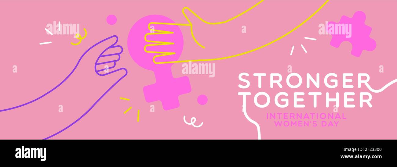 International Women's Day banner web illustrazione delle mani di donna che si raggiungono per aiuto. Concetto di lavoro di squadra femminile, moderno cartoni animati con contorno braccia Illustrazione Vettoriale