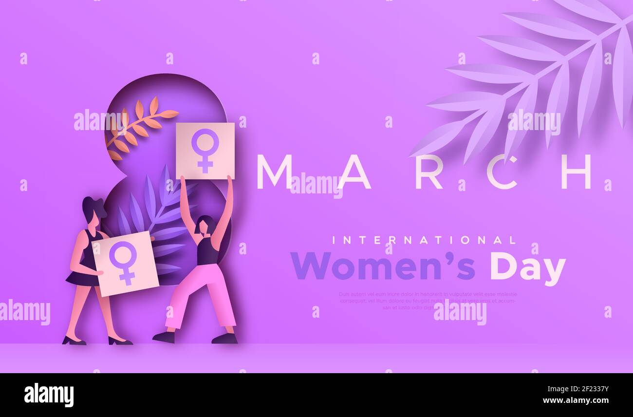International Women's Day paper cut web template illustrazione di donne attiviste che hanno firmato un cartello di protesta per l'evento di uguaglianza femminile dell'8 marzo. Spazio di copia bac Illustrazione Vettoriale