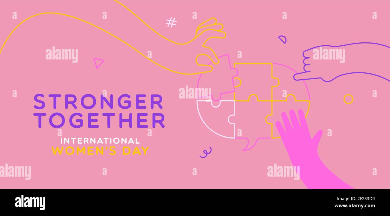 Biglietto d'auguri per il giorno delle Donne illustrazione delle mani della donna che mettono insieme il puzzle della bolla del parlato per il concetto di comunicazione. Più forti insieme Illustrazione Vettoriale