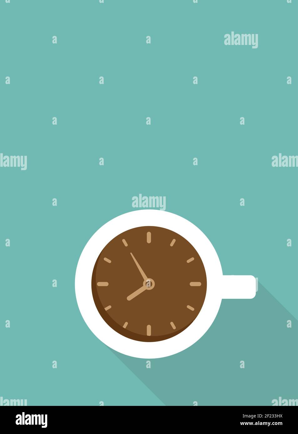 tazza bianca con orologio. Coffee Time blu sfondo verticale. Vista dall'alto. Cappuccino mattutino, illustrazione vettoriale pausa caffè. Studio, scrittura, insegna. Illustrazione Vettoriale