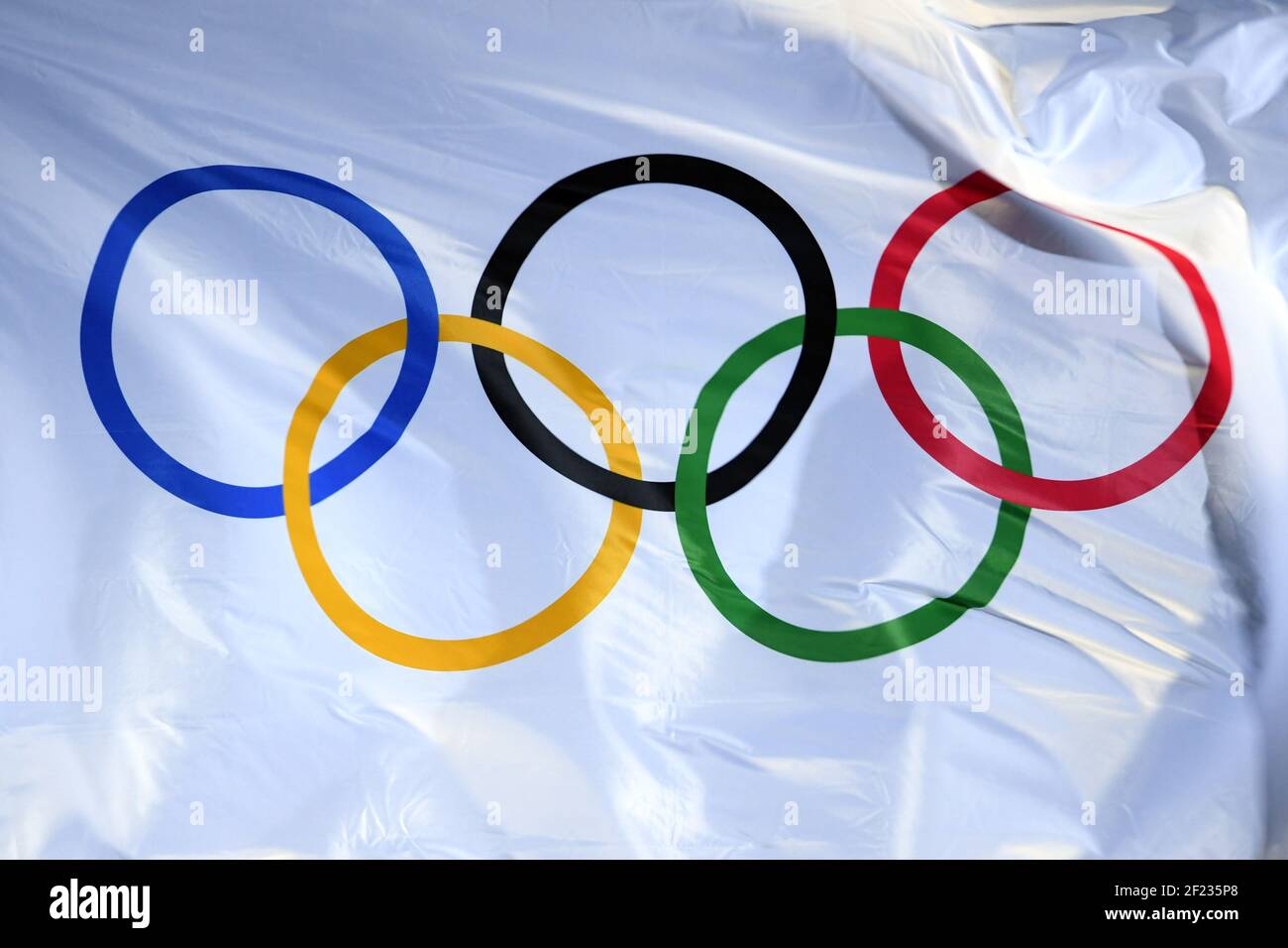 Illustrazione della bandiera olimpica durante i XXIII Giochi Olimpici invernali di Pyeongchang 2018, il 6 febbraio 2018, al Centro di Alpensia a Pyeongchang, Corea del Sud - Foto Philippe Millereau / KMSP / DPPI Foto Stock