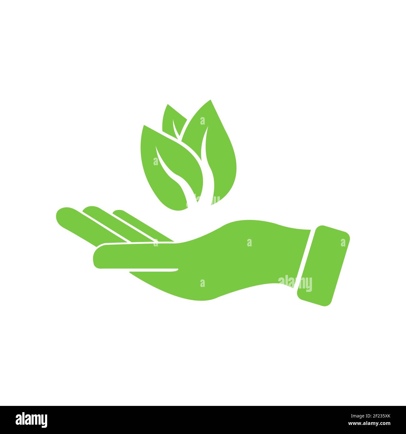 Mano con foglie verdi. Simbolo di protezione ambientale. Prodotto ecocompatibile. Vettore EPS 10 Illustrazione Vettoriale