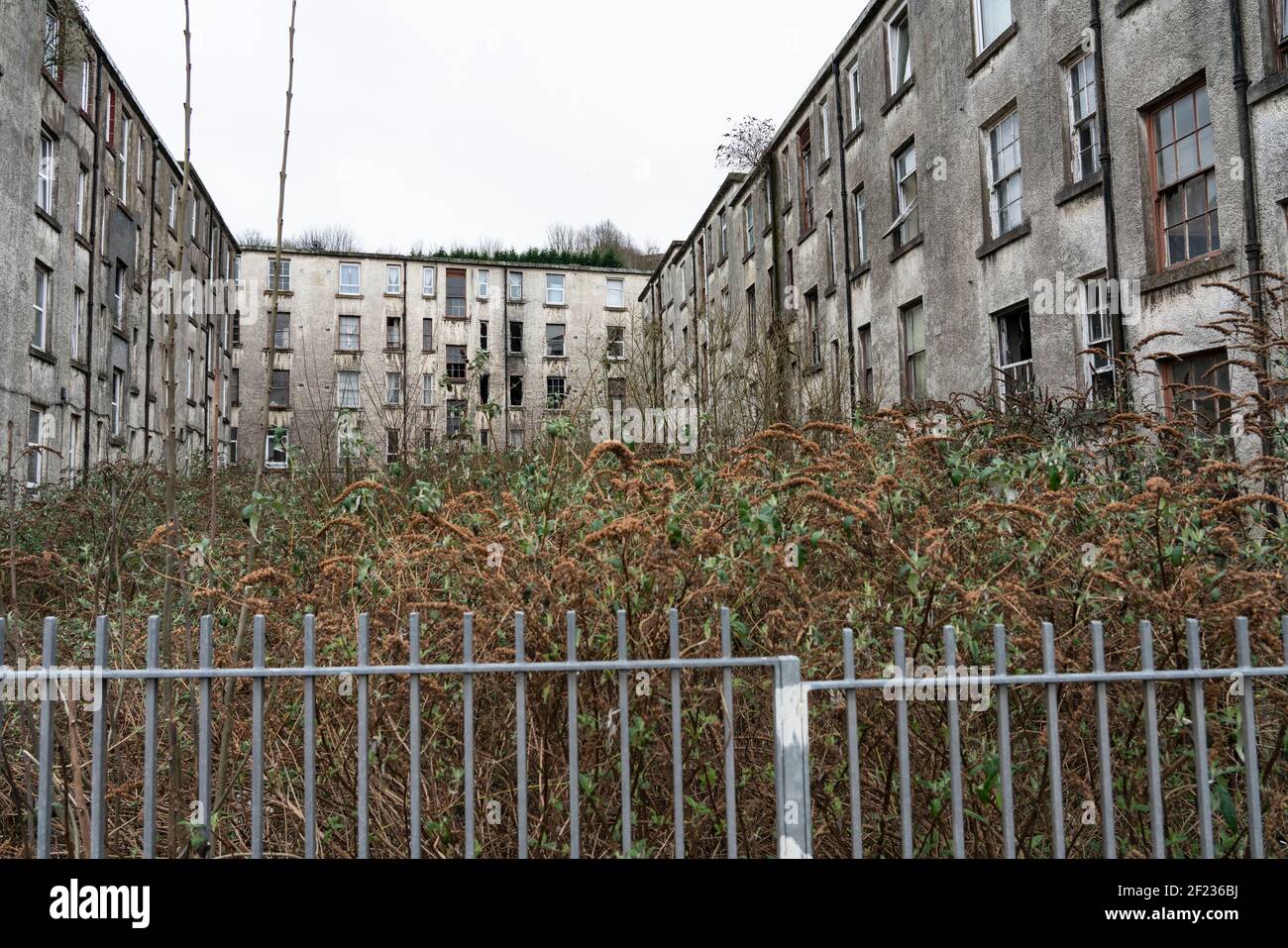 Vista della casa derelict a Clune Park a Port Glasgow, Inverclyde. L'alloggio in locazione deve essere demolito e risviluppato. Scozia, Regno Unito Foto Stock