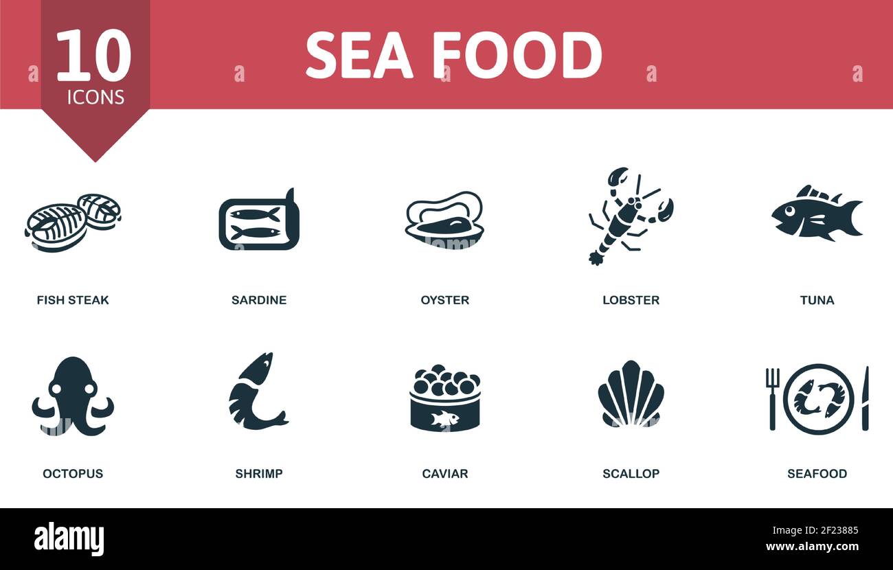Set di icone di pesce. Contiene icone modificabili tema di pesce come sardina, aragosta, polpo e molto altro. Illustrazione Vettoriale