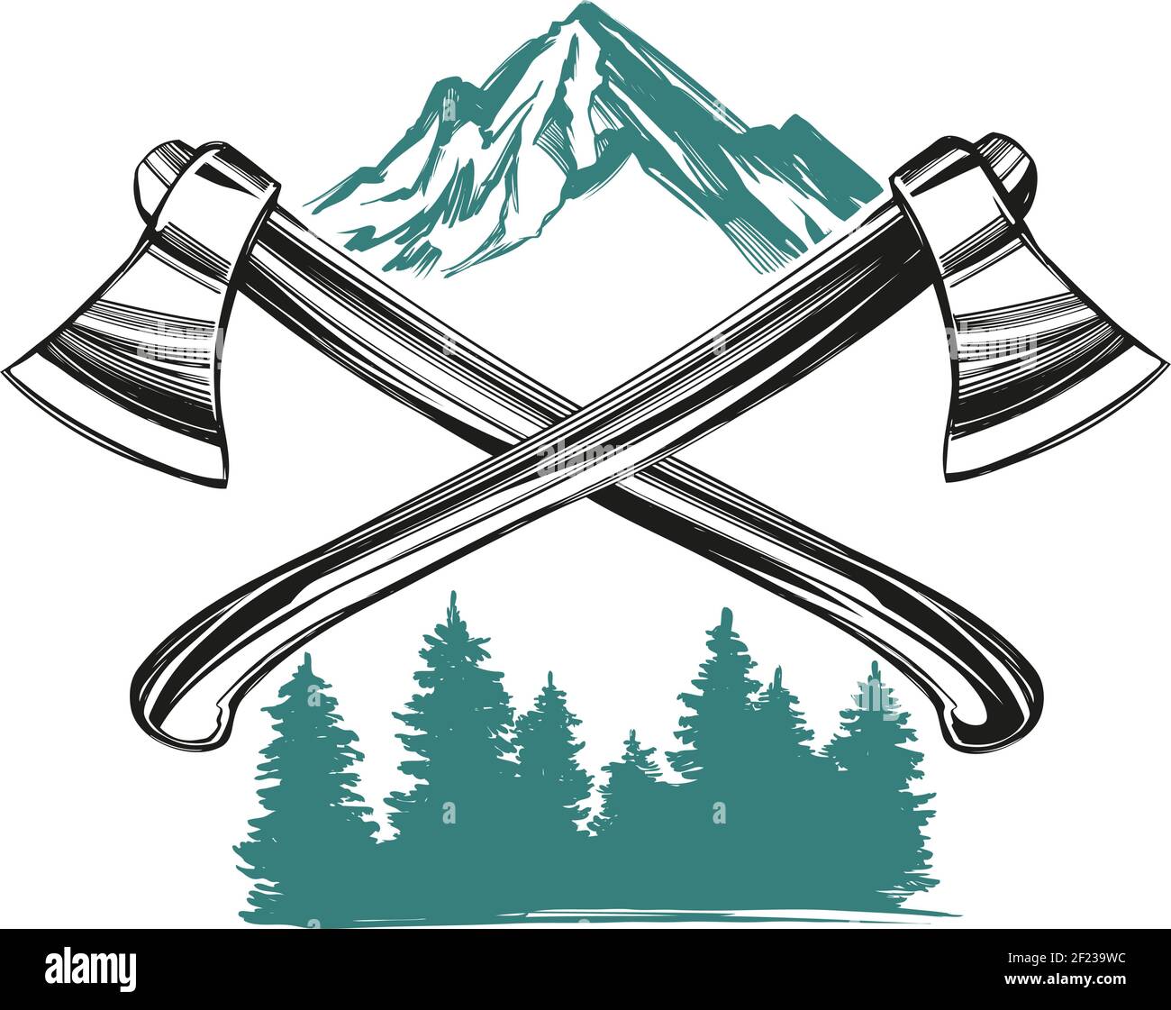 assi sullo sfondo di montagne e foreste, un emblema per il turismo disegno a mano vettore illustrazione schizzo. Illustrazione Vettoriale