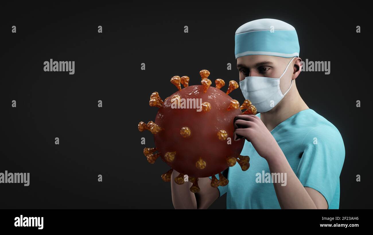 Tipico infermiere di sesso maschile con il simbolo del virus corona Foto Stock