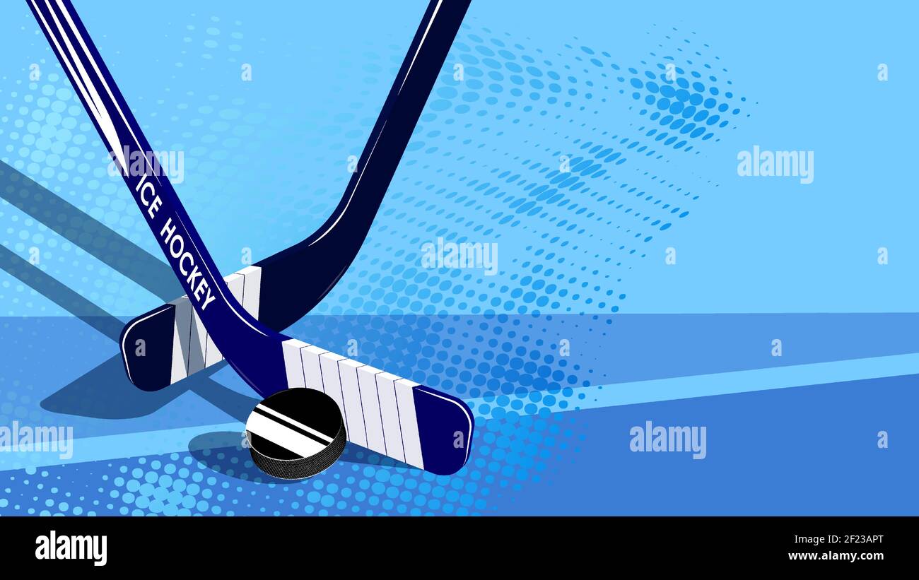 bastoncini incrociati per l'hockey su ghiaccio dietro il disco di gomma nera. Concorso sportivo. Lotta in un'arena di ghiaccio. Vettore sulla parte posteriore blu Illustrazione Vettoriale