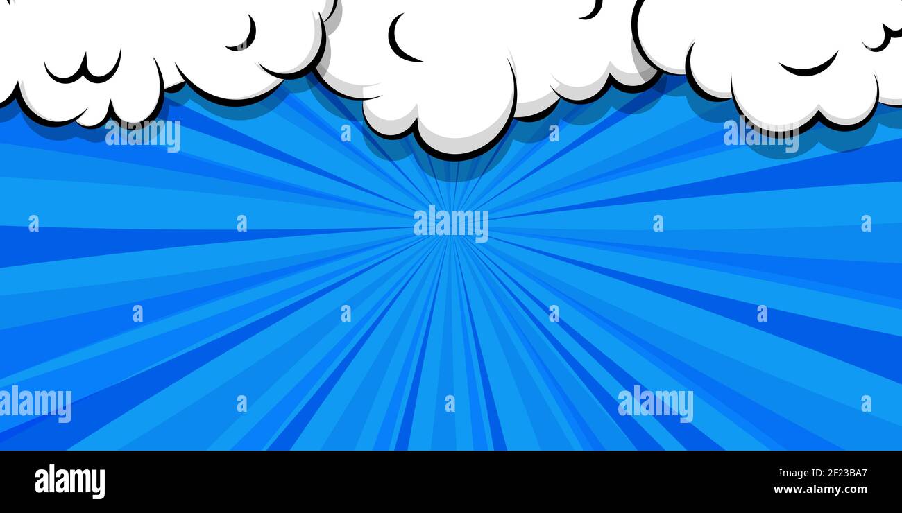 Fumetto fumetto fumetto bolla di discorso per il testo. Fumetto puff sfondo blu nuvola per il modello di testo. Pop art dialogo conversazione divertente fumo vapore. Fumetti Illustrazione Vettoriale