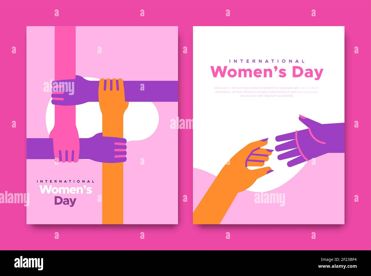 International Women's Day biglietto d'auguri illustrazione insieme di diverse mani donna che si raggiunge per l'aiuto. Concetto di lavoro di squadra femminile, cartone animato piatto moderno pi Illustrazione Vettoriale