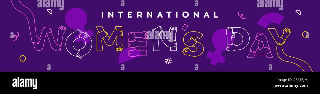 International Women's Day banner web illustrazione di mani donna insieme facendo preventivo segno. Concetto di uguaglianza di genere. Moderni bracci a forma di cartoni animati piani Illustrazione Vettoriale