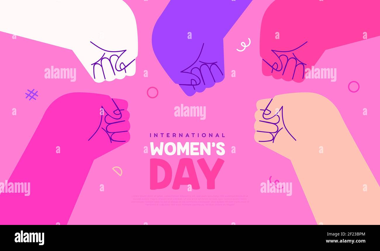 International Women's Day web template illustrazione di diverse mani di donna insieme facendo pugno segno. Concetto di uguaglianza di genere. Cartoo moderno e piatto Illustrazione Vettoriale