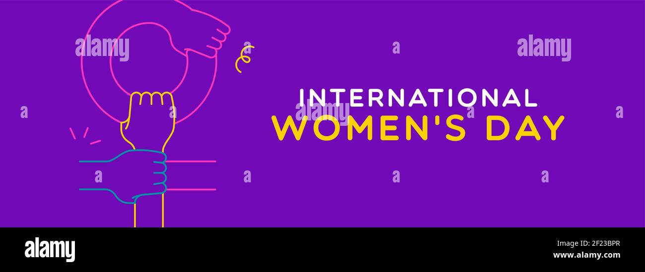 International Women's Day banner web illustrazione di mani donna che si tengono l'un l'altro in forma di simbolo femminile. Concetto di lavoro di squadra della ragazza, cartone animato piatto moderno Illustrazione Vettoriale