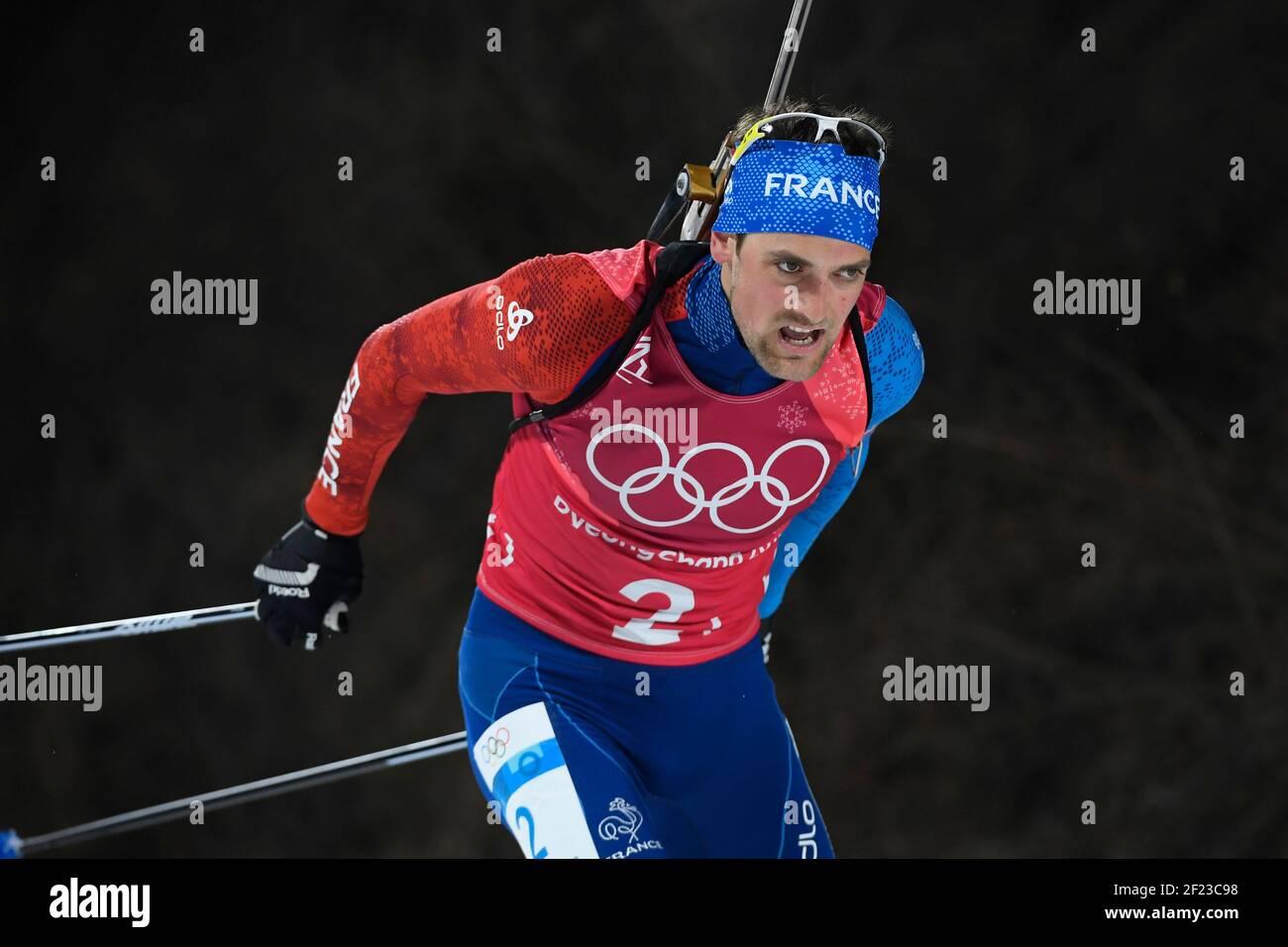 Simon Desthieux (fra) durante i XXIII Giochi Olimpici invernali Pyeongchang 2018, Biathlon, relè da 4x7,5km uomo il 23 febbraio 2018, al Centro Alpensia Biathlon di Pyeongchang, Corea del Sud - Foto Julien Crosnier / KMSP / DPPI Foto Stock