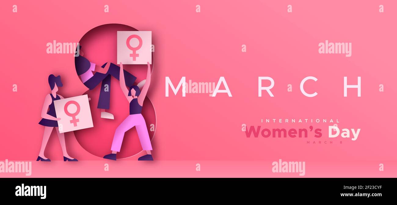 La Giornata internazionale delle donne ha tagliato il banner web illustrazione delle donne attiviste che hanno firmato un cartello di protesta per l'8 marzo l'evento di uguaglianza femminile. Illustrazione Vettoriale