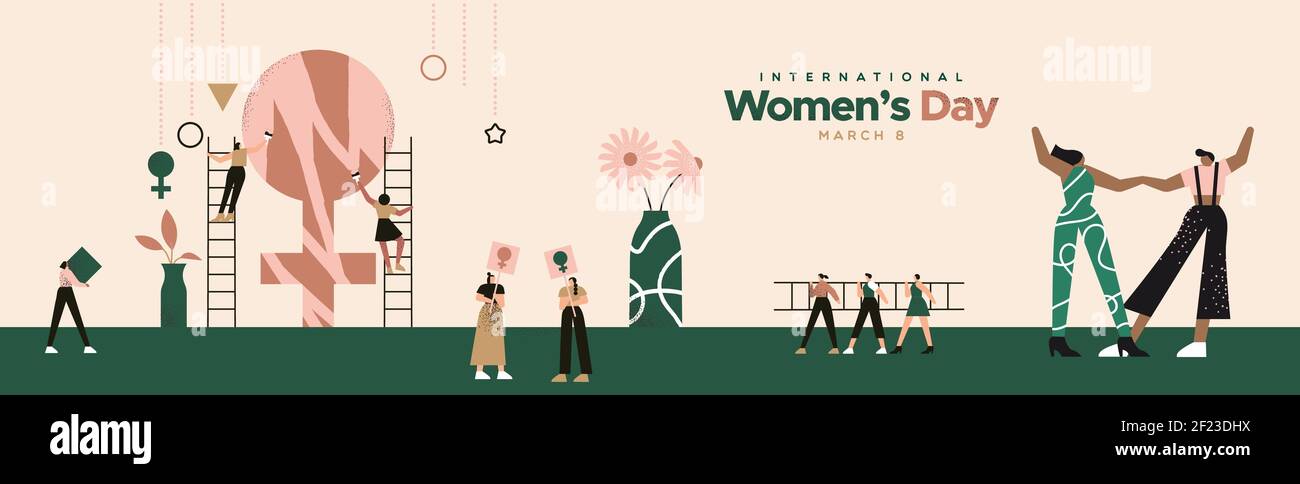 Personaggi donna di cartoni animati piatti alla moda, squadra di ragazze che lavorano insieme. Concetto di celebrazione della comunità femminile sullo sfondo isolato dello spazio di copia. gro feminista Illustrazione Vettoriale