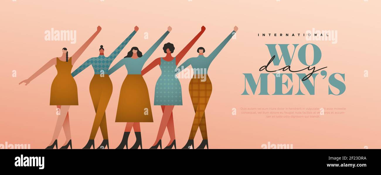 Illustrazione del modello web dell'evento internazionale della giornata delle donne. Personaggi donna sfumati e moderni che si uniscono per la festa dei diritti delle donne dell'8 marzo. St Illustrazione Vettoriale