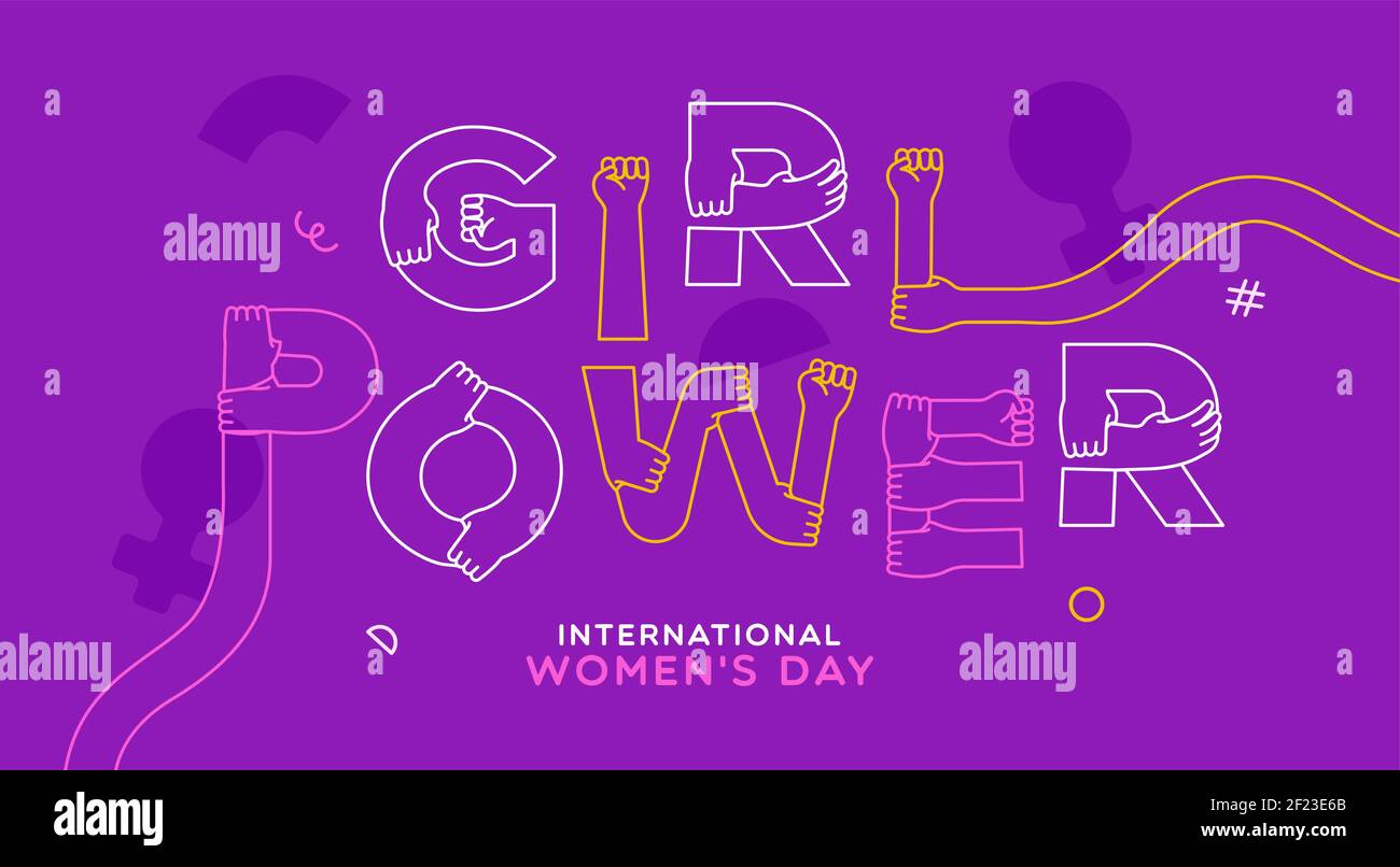 Biglietto d'auguri per la Giornata Internazionale delle Donne illustrazione delle mani della donna insieme facendo Girl Power citazione segno. Concetto di uguaglianza di genere. Cartoo moderno e piatto Illustrazione Vettoriale