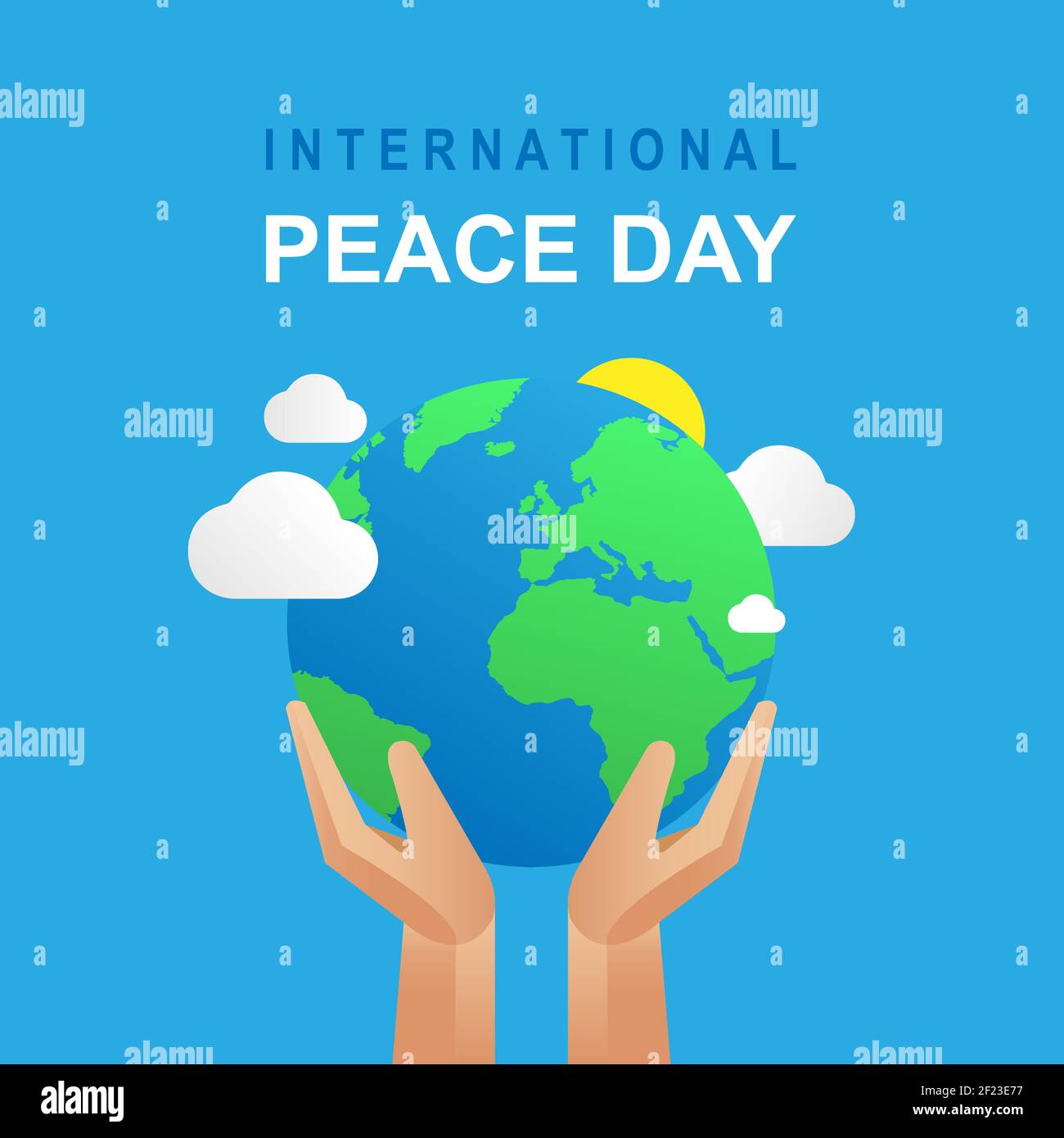 Illustrazione vettoriale della Giornata internazionale della pace. Pianeta Terra con nuvole e sole in mano con il testo Giornata Internazionale della Pace. Illustrazione vettoriale. EPS 10 Illustrazione Vettoriale
