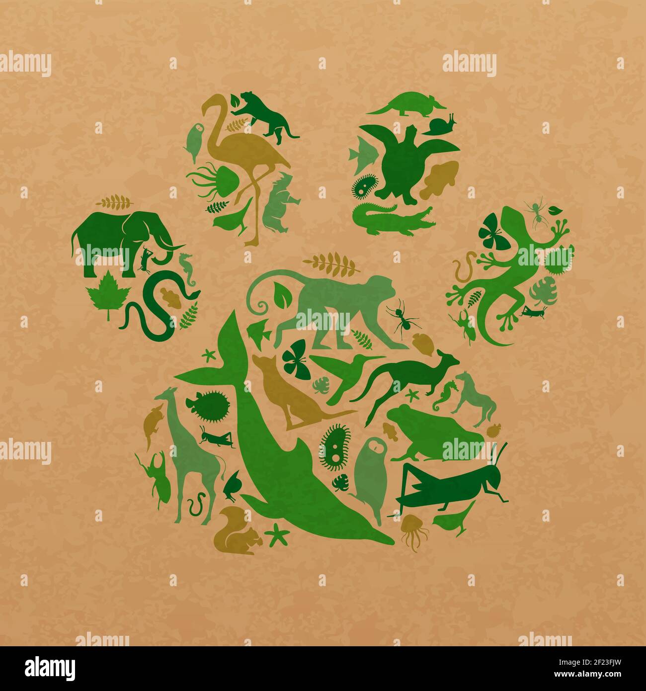 Forme icone animali verdi Imposta l'illustrazione sulla trama della carta riciclata. La silhouette di diversi animali selvatici fa la forma della zampa per un concetto eco-compatibile Illustrazione Vettoriale