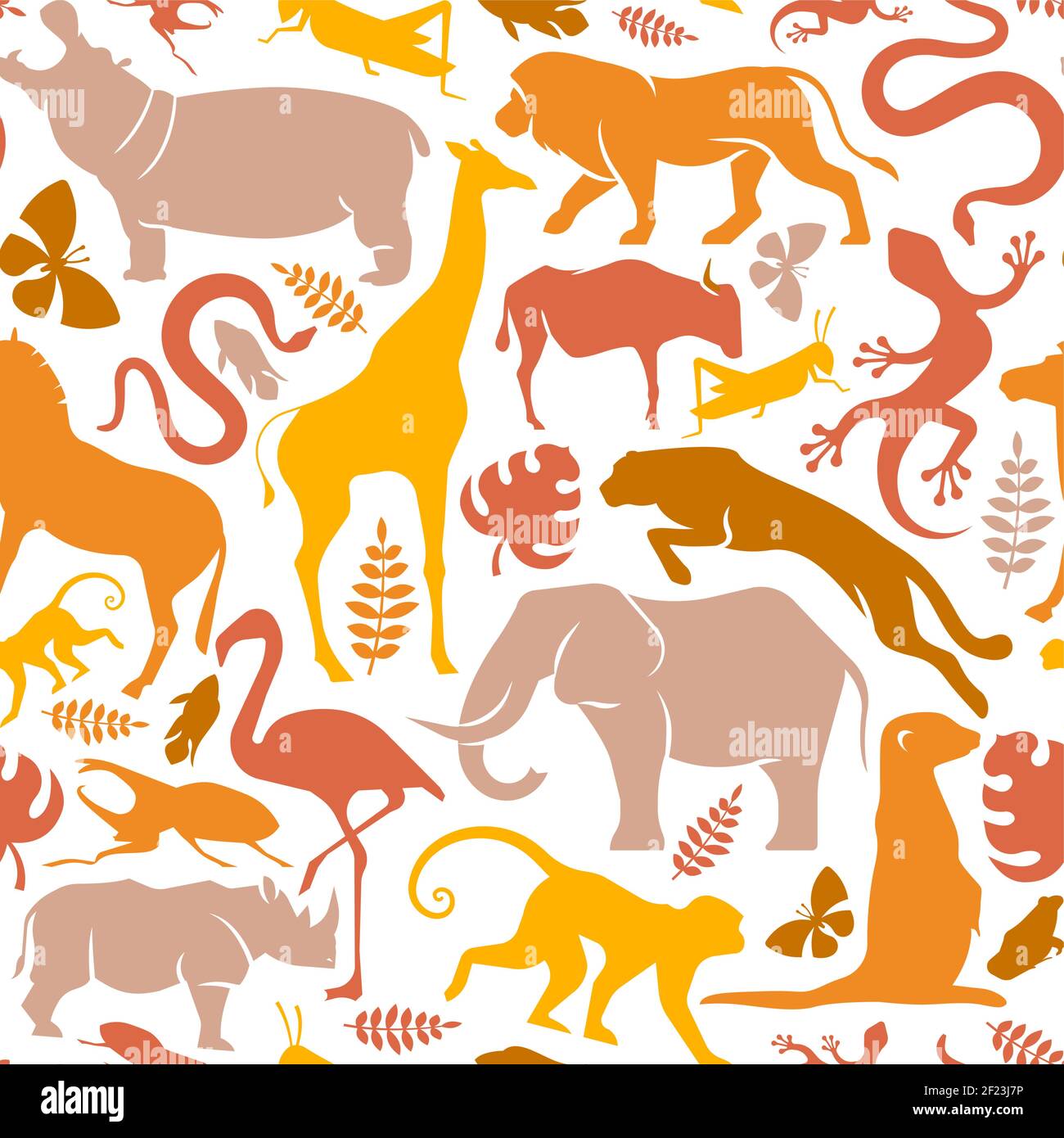 Icona animale selvaggio africano illustrazione senza cuciture modello. Animali del continente africano piano sfondo per il concetto di safari di fauna selvatica o campo di protezione della natura Illustrazione Vettoriale