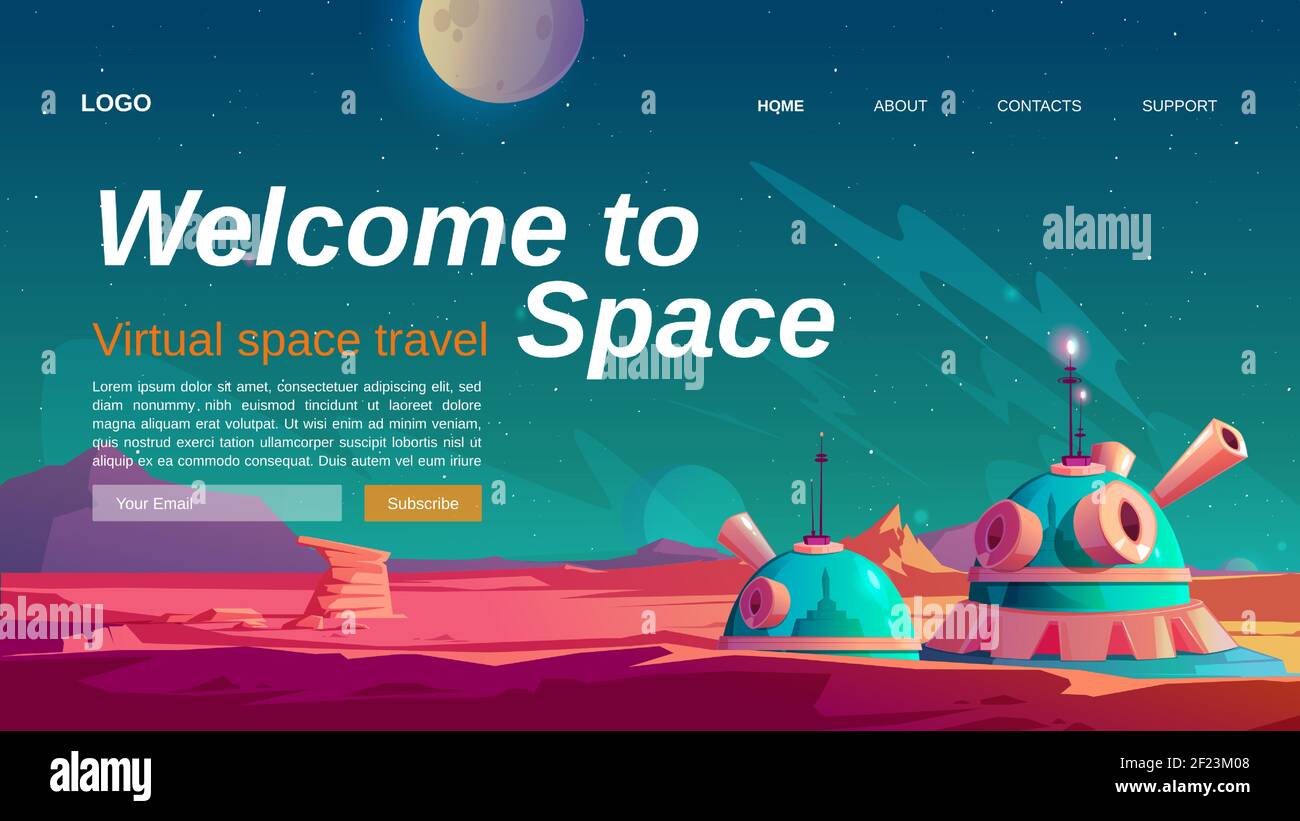 Banner di viaggio virtuale. Landing page vettoriale con paesaggio cartoon della superficie di Marte con base colonia. Tecnologie VR, realtà aumentata con pianeti alieni e spazio esterno Illustrazione Vettoriale