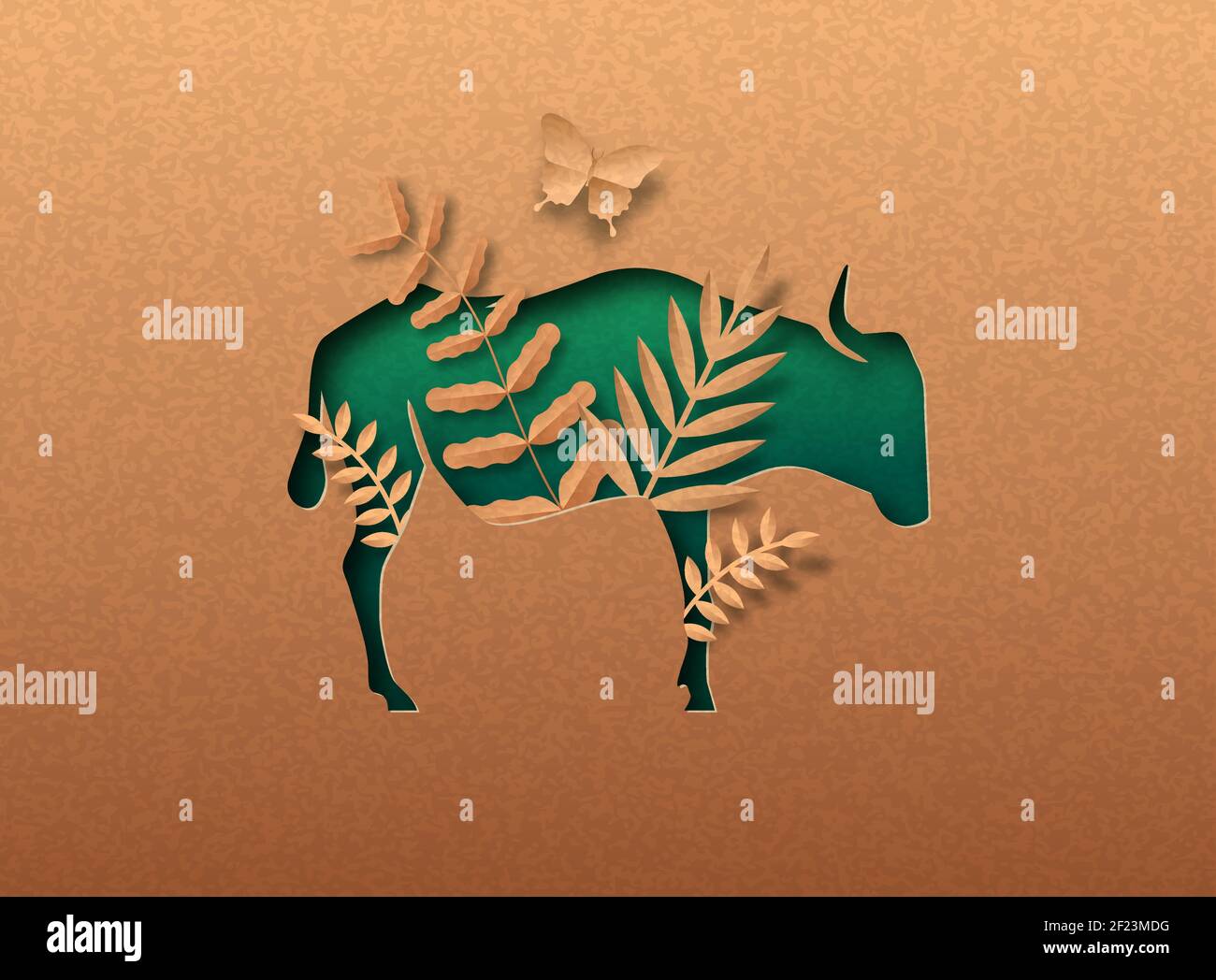 Green wildebeest animale isolato silhouette in papercut con foglia di pianta tropicale all'interno. Carta riciclata texture taglio concetto per africa safari, wildlif Illustrazione Vettoriale
