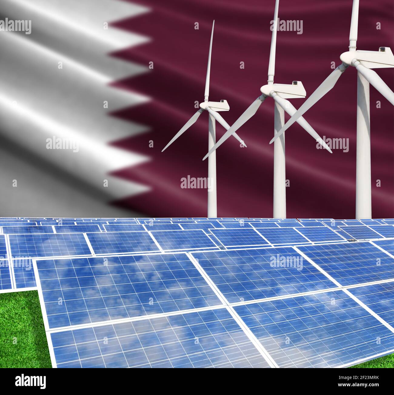 Pannelli solari sullo sfondo con la bandiera del Qatar E turbina eolica Foto Stock