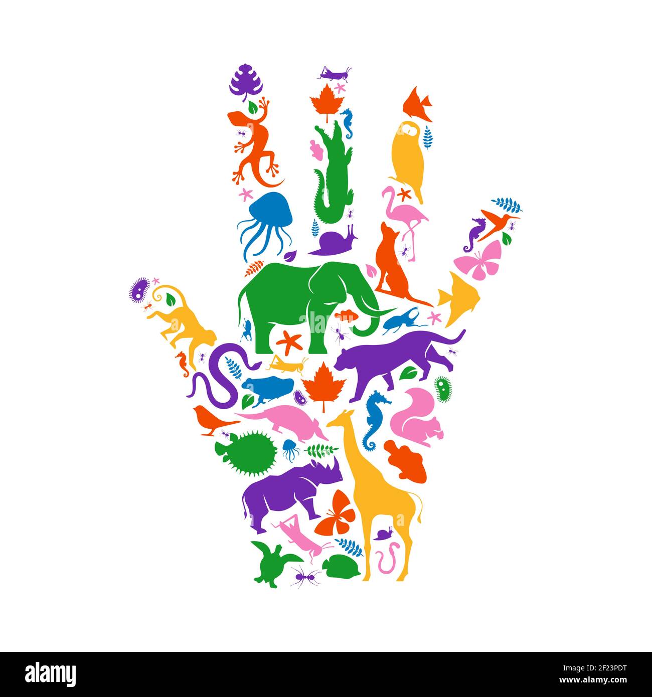 Diverse forme animali che fanno la mano umana forma su sfondo bianco isolato. Illustrazione della silhouette degli animali colorati per la biodiversità della vita selvaggia concep Illustrazione Vettoriale