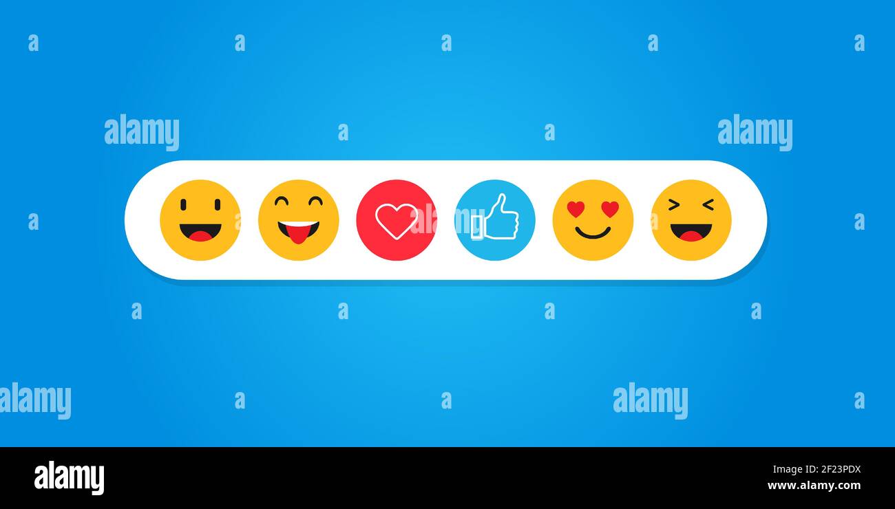 Set astratto di emoticon. Icone sociali in stile piatto emoji su sfondo blu. Illustrazione vettoriale EPS 10 Illustrazione Vettoriale