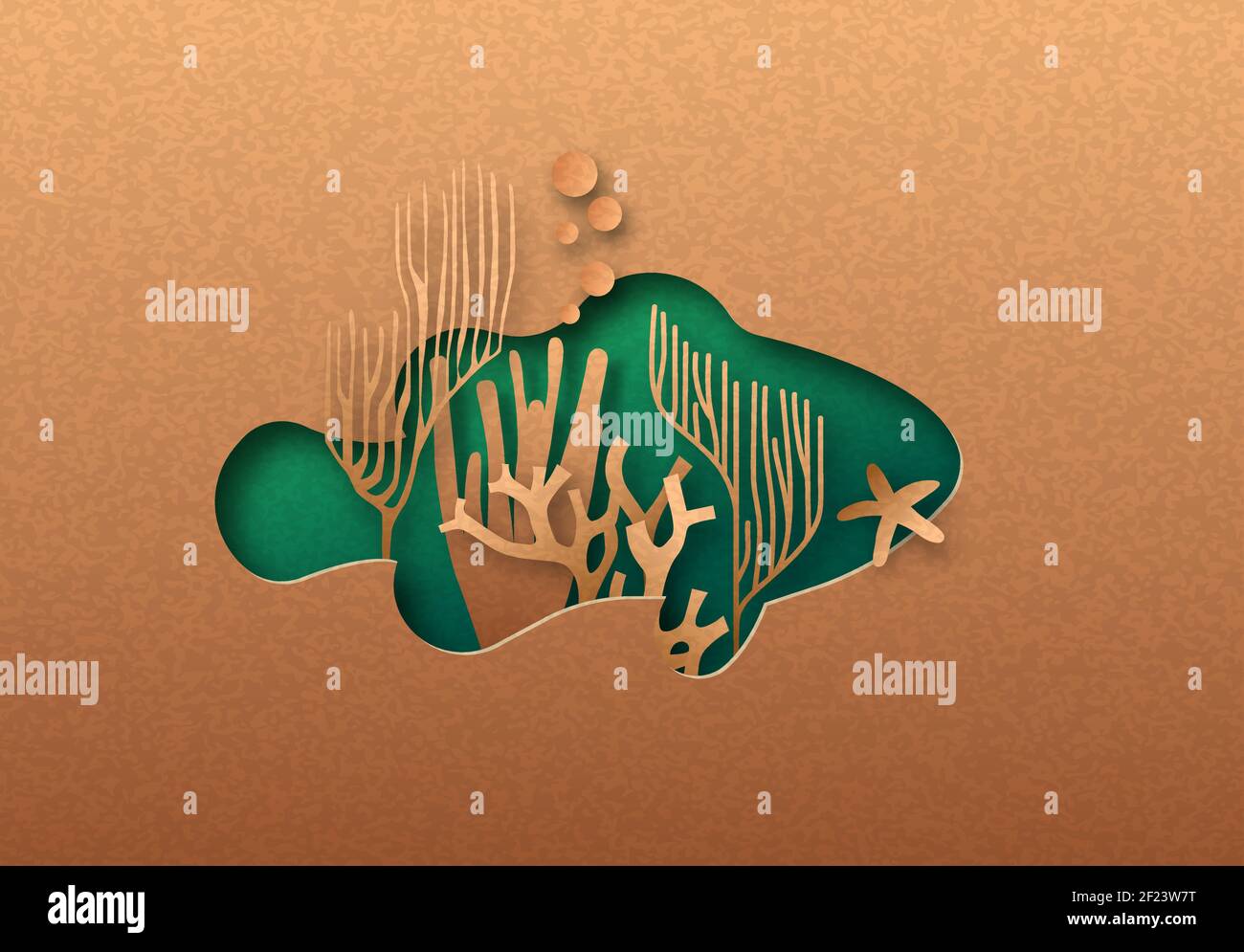 Pesce pagliaccio verde isolato silhouette in papercut con corallo tropicale all'interno. Ritaglio tartaruga di carta riciclata. Conservazione della fauna selvatica, oceano pr Illustrazione Vettoriale