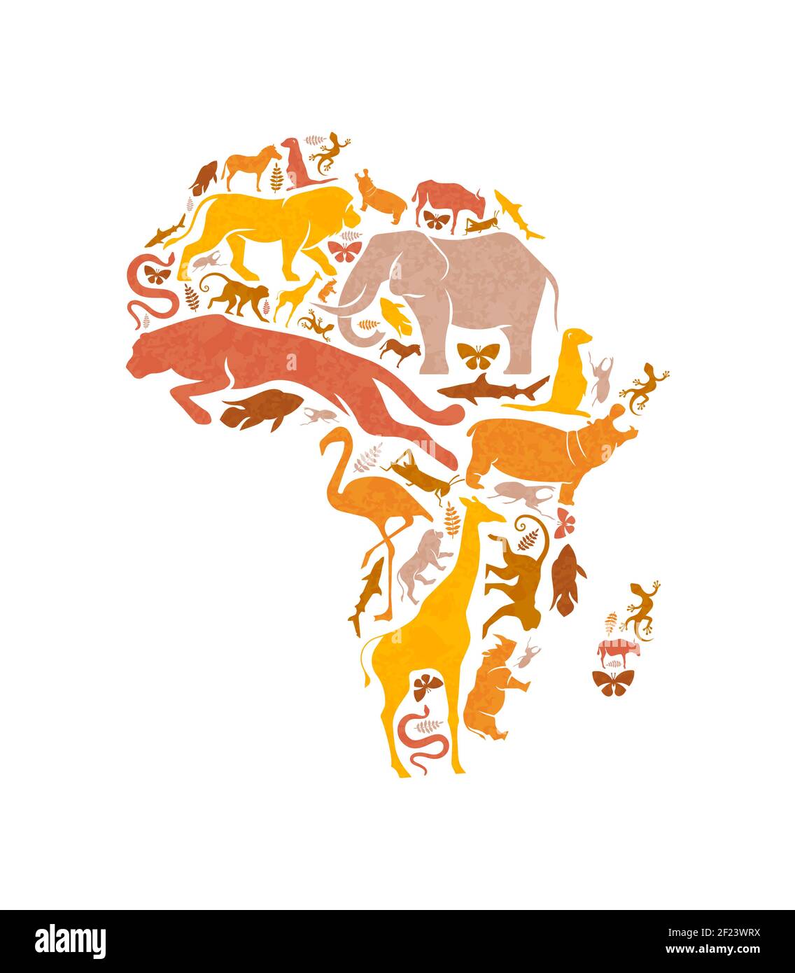 Diverse forme di animali africani che fanno sì che la mappa del continente africano si formi su uno sfondo bianco isolato. Illustrazione della silhouette degli animali da safari per una vita selvaggia Illustrazione Vettoriale
