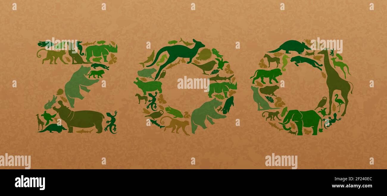 Forme icone animali verdi Imposta l'illustrazione sulla trama della carta riciclata. Diversi animali selvatici silhouette rendendo lo zoo testo citazione forma segno per eco-friendly Illustrazione Vettoriale