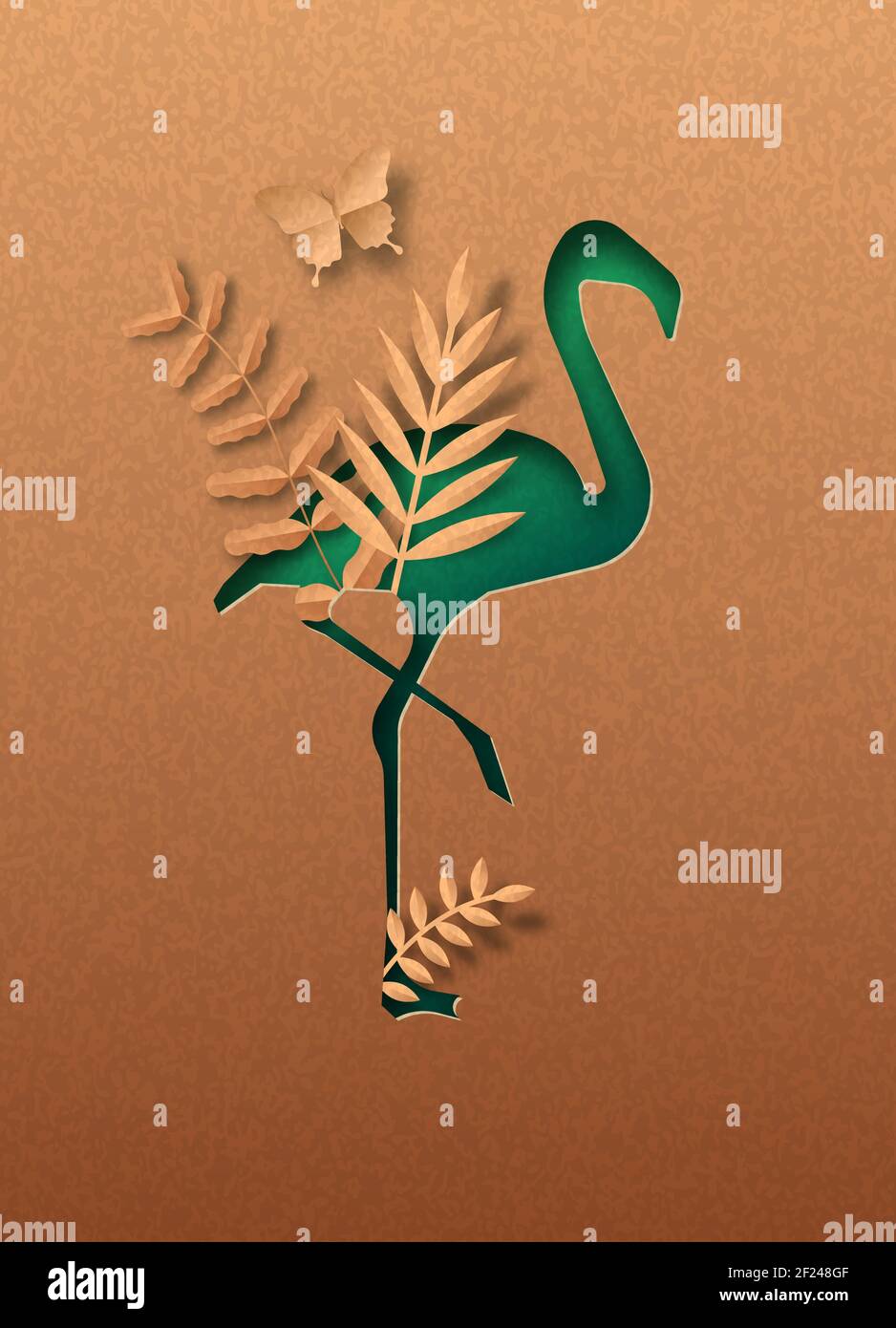 Uccello fenicottero verde isolato silhouette in papercut con foglia di pianta tropicale all'interno. Carta riciclata texture taglio concetto per africa safari, fauna selvatica co Illustrazione Vettoriale