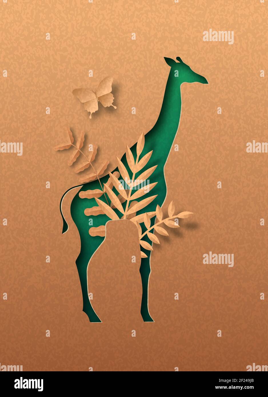 Giraffa verde isolato animale silhouette in papercut con foglia di pianta tropicale all'interno. Carta riciclata texture taglio concetto per africa safari, fauna selvatica c Illustrazione Vettoriale
