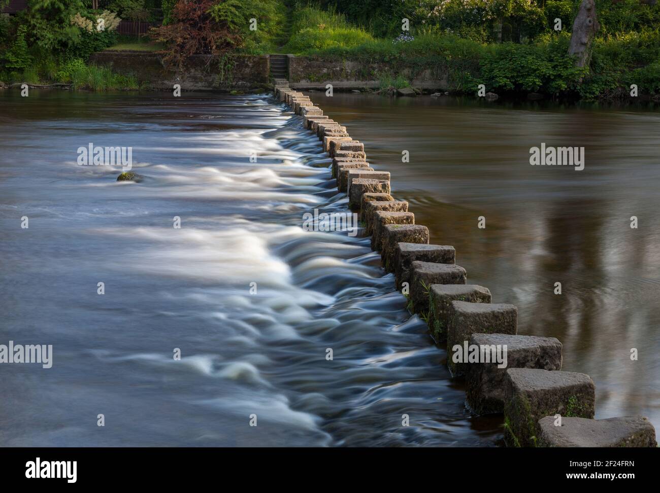 Luce del sole che cattura l'acqua che scorre attorno a pietre passo sul fiume Wharfe a Ilkley, West Yorkshire Foto Stock